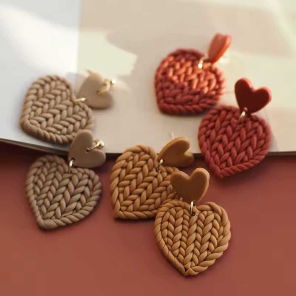 Knit Heart Two-Tier Dangle Stud - Handmade Earrings